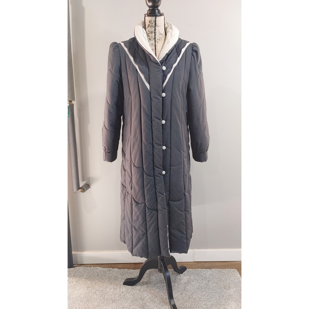 Vintage 80s Mod Maid Quilted Maxi Puffer Coat Gray White Sleeping Bag Jacket M